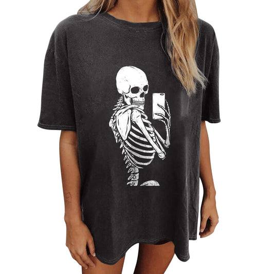 Wukreran Skeleton Shirt Womens Casual Y2K Tops Plus Size Tshirts Vintage Skull Graphic Tees Short Sleeve Blouse Trendy Loose Comfy Soft Shirts Vintage Graphic Tees