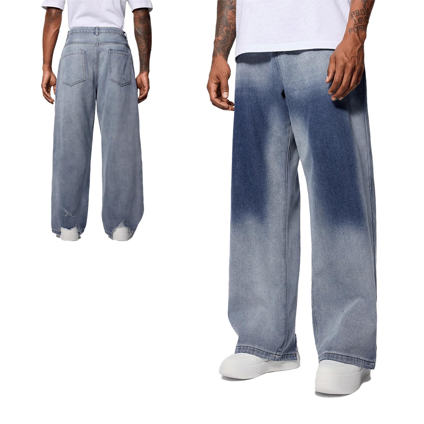 Baggy Jeans Men Grunge Ripped Denim Pants Wide Leg Oversized Streetwear Trousers