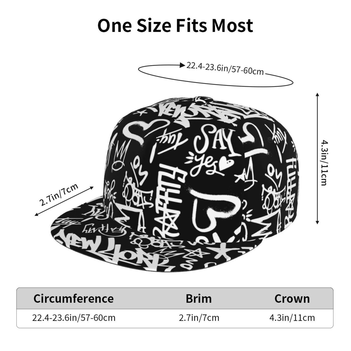 Fashion Hip Hop Style Adjustable Snapback Hat for Men and Women Sun Cap Graffiti Cap Doodle Baseball Cap Flat Bill Brim Hat