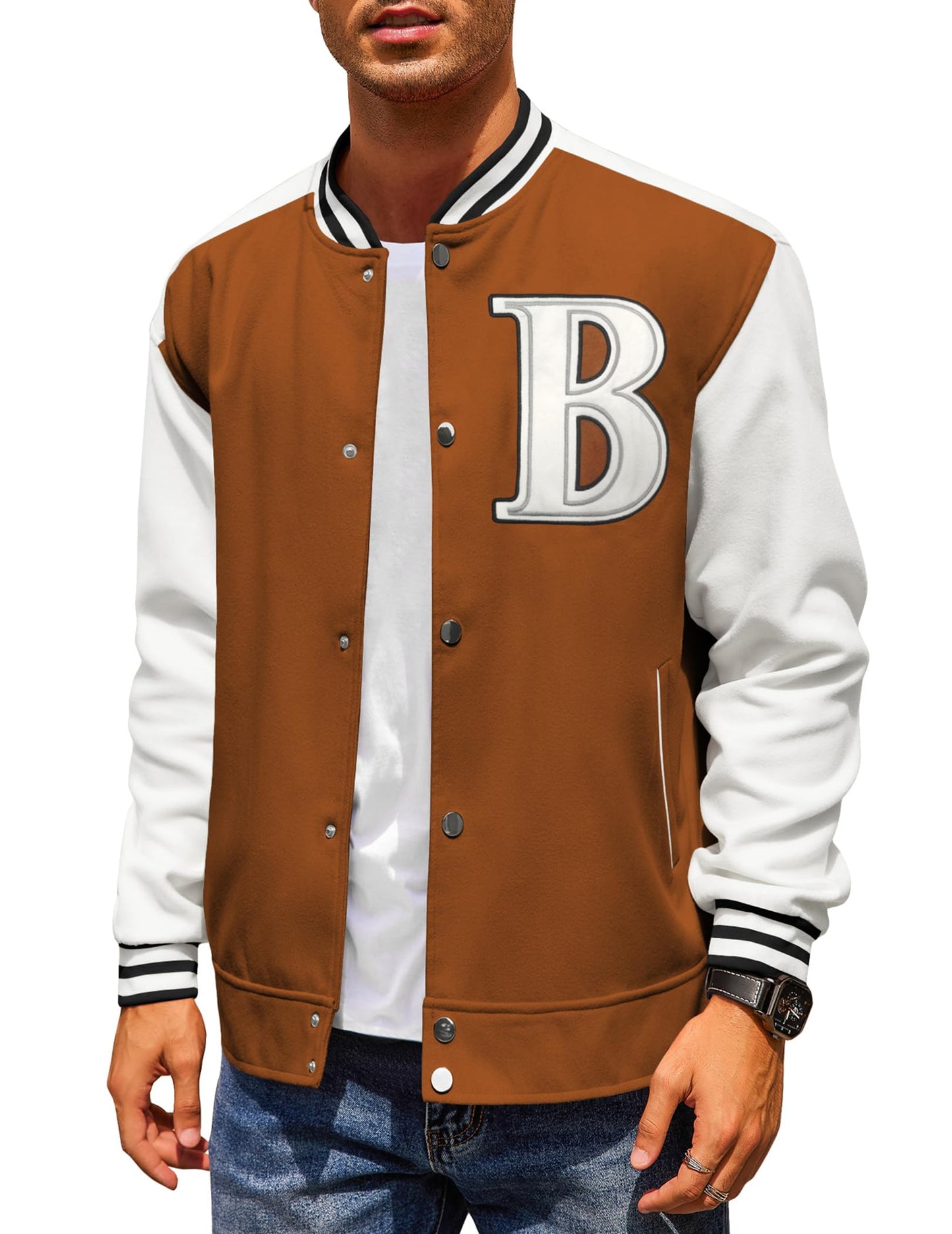 COOFADNY Mens Wool Varsity Jacket Lightweight Baseball Jacket Urban Bomber Jackets Long Sleeve Jackets Brown