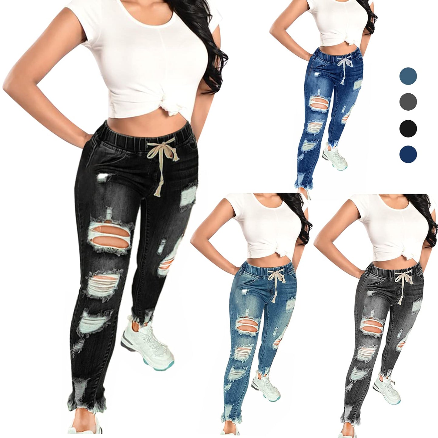 Women High Waist Skinny Stretch Ripped Jeans Destroyed Denim Pants - Black