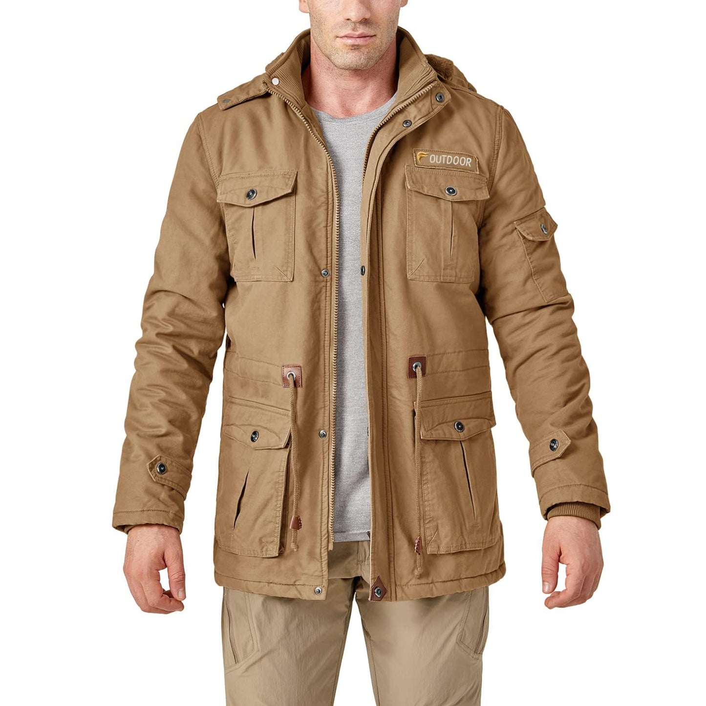 CRYSULLY Men's Fall Fashion Long Sleeve Lightweight Cargo Jacket Military Front Zip Coat Jacket Khaki