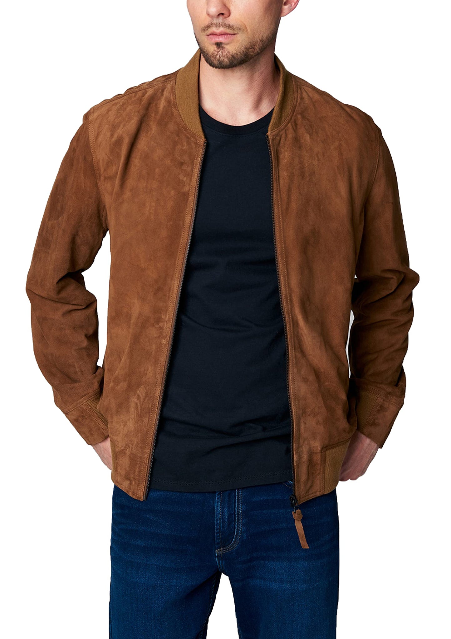 Mens Quick Action Suede Bomber Leather Jacket, Camel