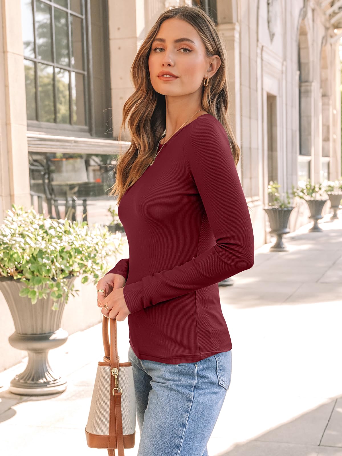 Long Sleeve Shirts for Women Ribbed Knit Fall Tops Casual Basic Fitted T Tshirts Tight Underscrub Slim Cotton - Many Colors Available!