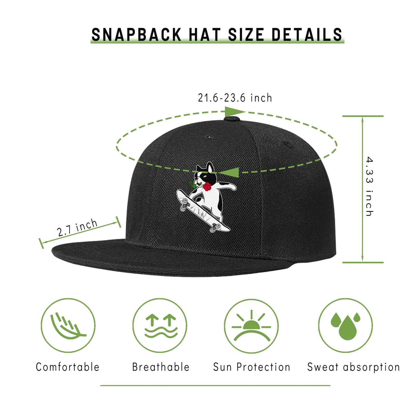 Rose Cute Dog Skating Theme Black Snapback Hats for Men Boys, Classic Skate Skateboarder Gift for Skaters, Adjustable Mens Hats Snapback Trucker Hats for Women