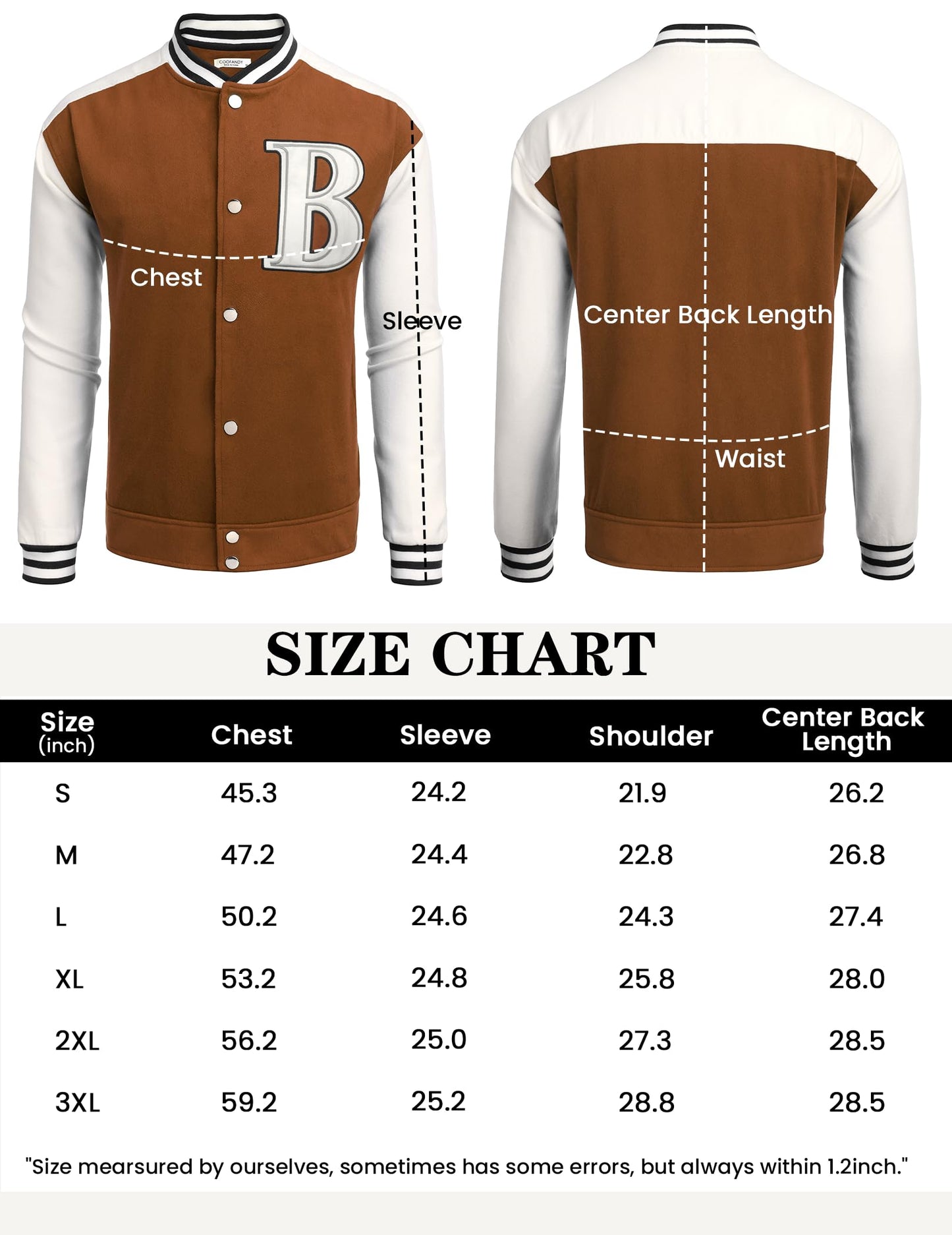 COOFADNY Mens Wool Varsity Jacket Lightweight Baseball Jacket Urban Bomber Jackets Long Sleeve Jackets Brown