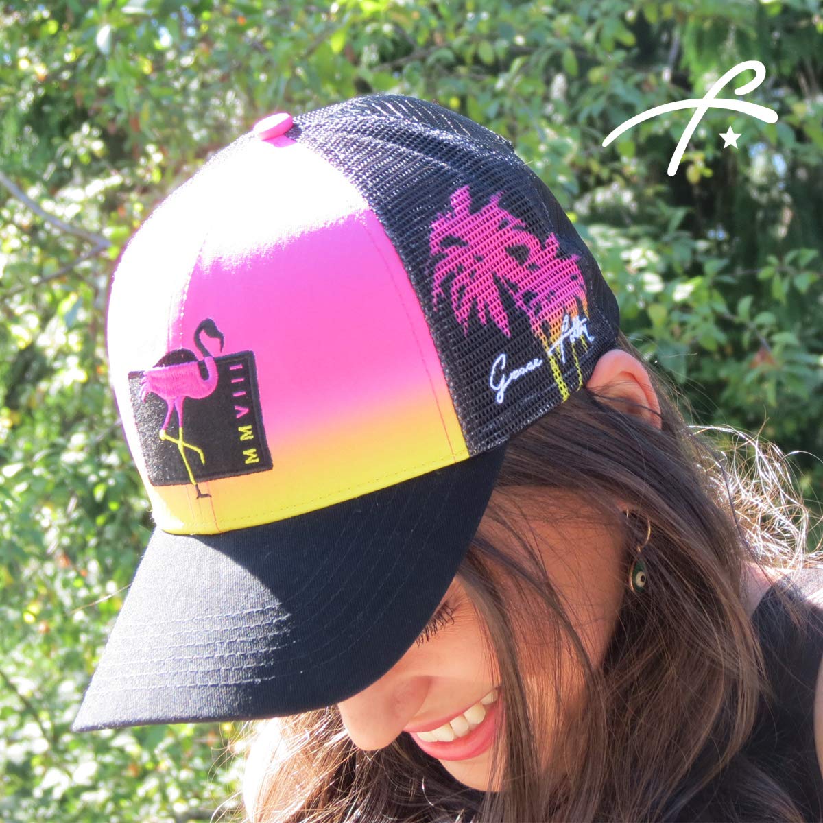 Grace Folly Beach Trucker Hats for Women- Snapback Baseball Cap for Summer (Flamingo)