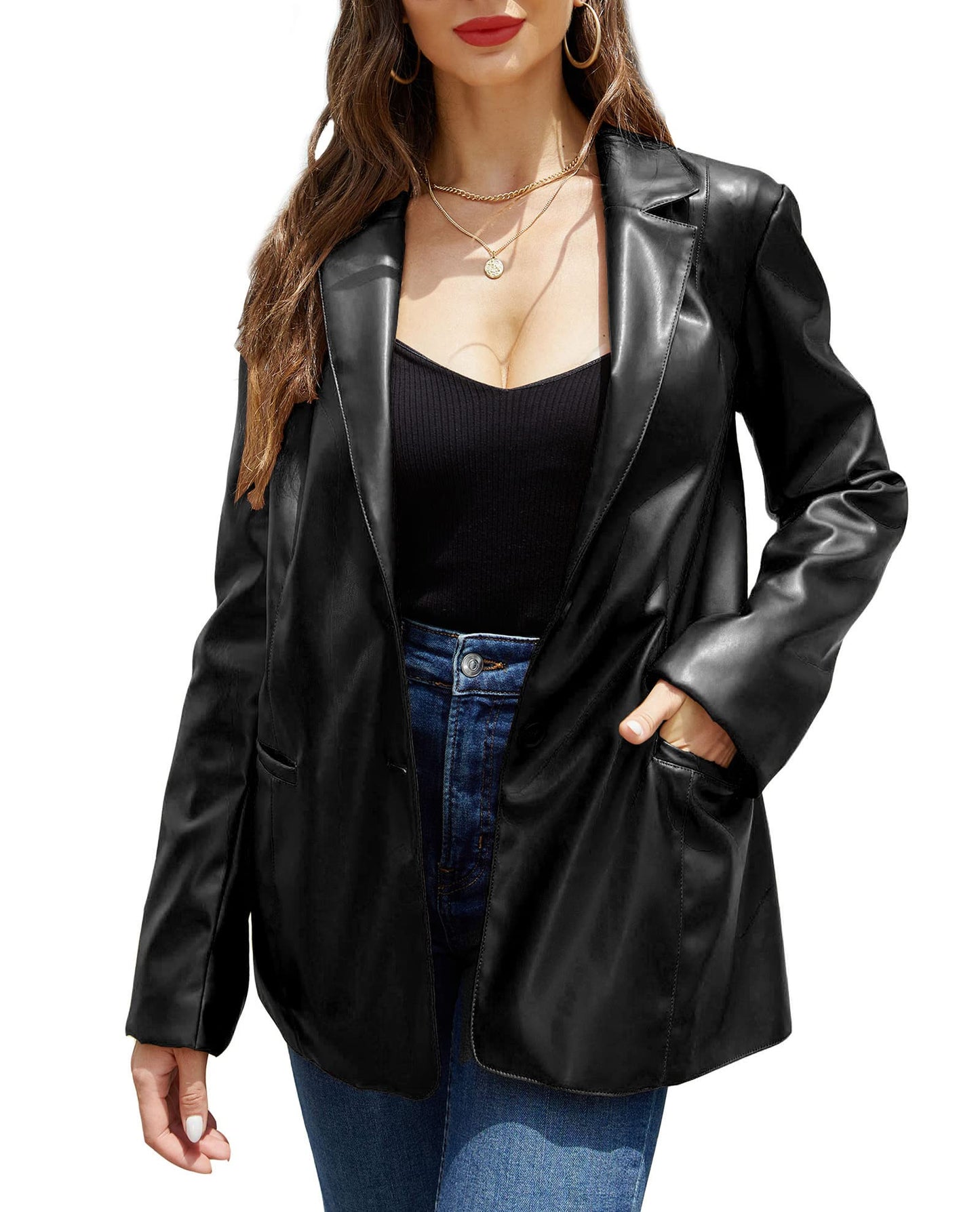 RISISSIDA Women Faux Leather Blazer Jacket Vegan Pleather Coat Black