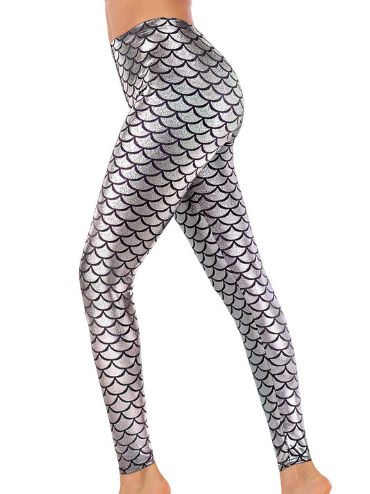 Women Metallic Mermaid Print Scale Leggings