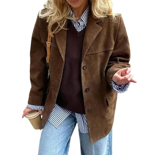 MANGMAO Suede Jacket Y2k Outerwear Brown Faux Leather Jacket Women Fall Fashion 2024 Trendy Old Money Oversized Blazers