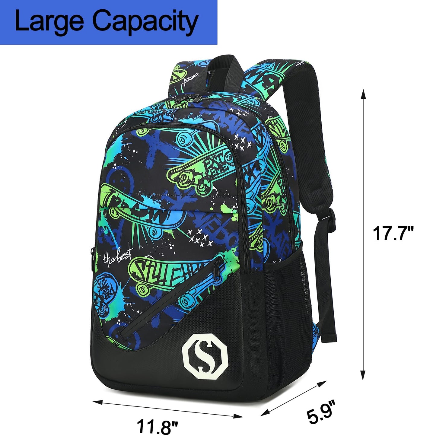 BTOOP Backpack for Kids Boys Girls Bookbag 17 Inch Elementary School Bags Primary Laptop Rucksack for Teens Travel（Skateboard Graffiti-Black