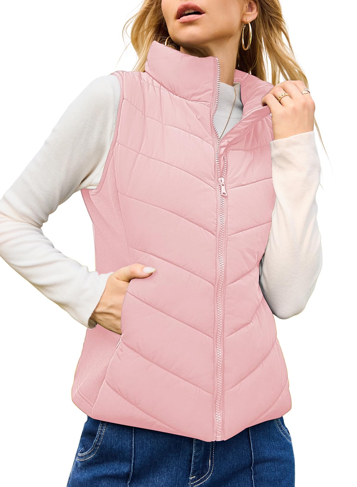 Dokotoo Women's Outerwear Vests Womens Fall Fashion 2024 Stand Collar Casual Zip Up Vest Sleeveless Outerwear Jacket Winter Coats for Women Pink Quilted Vest with Pockets