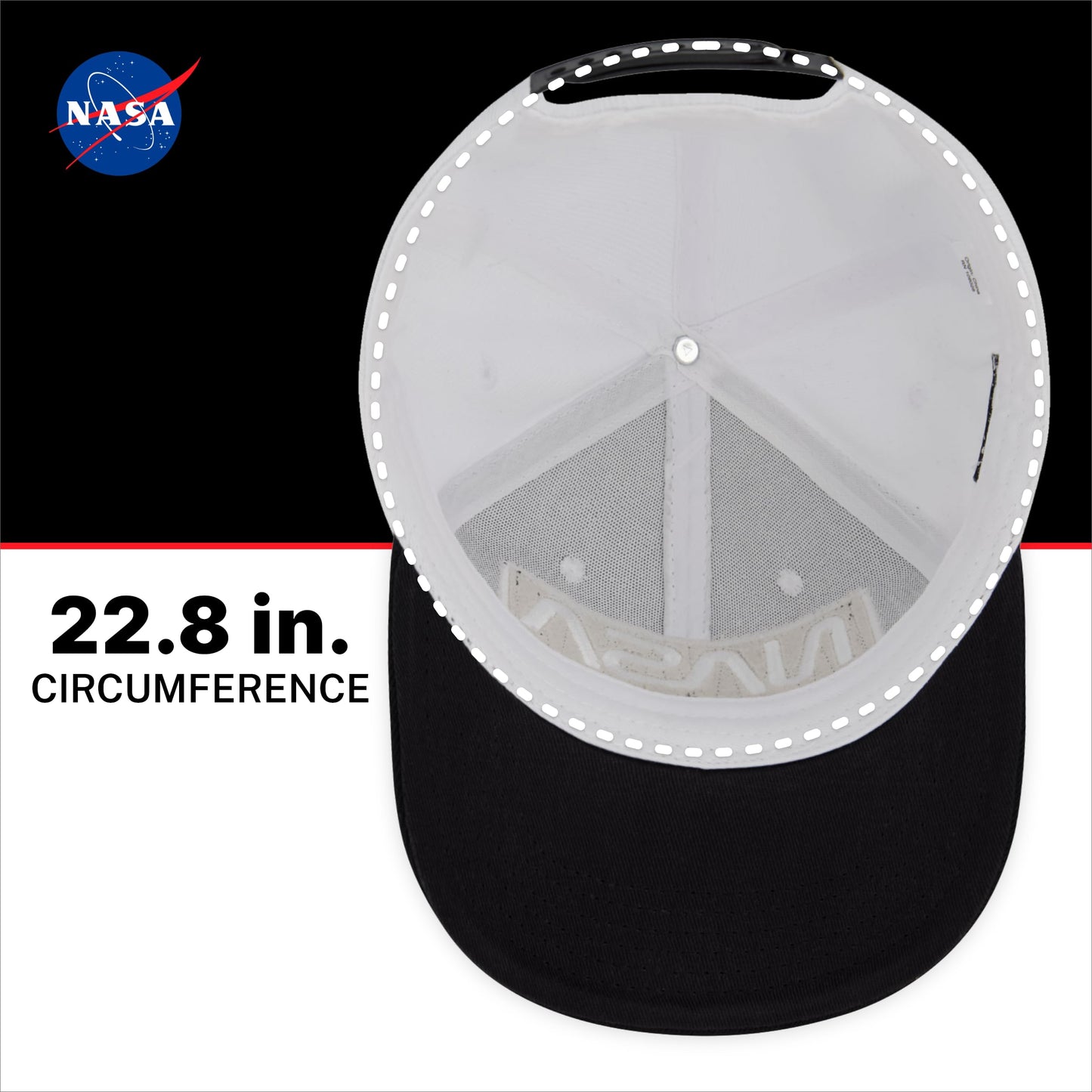 NASA Baseball Cap, Skater Snapback Hat with Embroidered Logo, White/Black, One Size