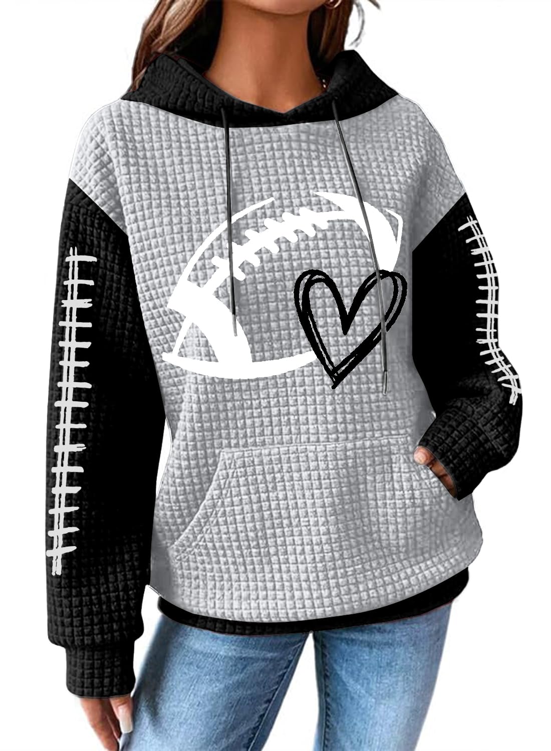 VILOVE Game Day Hooded Sweatshirt Women Funny Football Graphic Sweatshirt Waffle Knit Game Day Pullover Hoodies Long Sleeve Black-grey