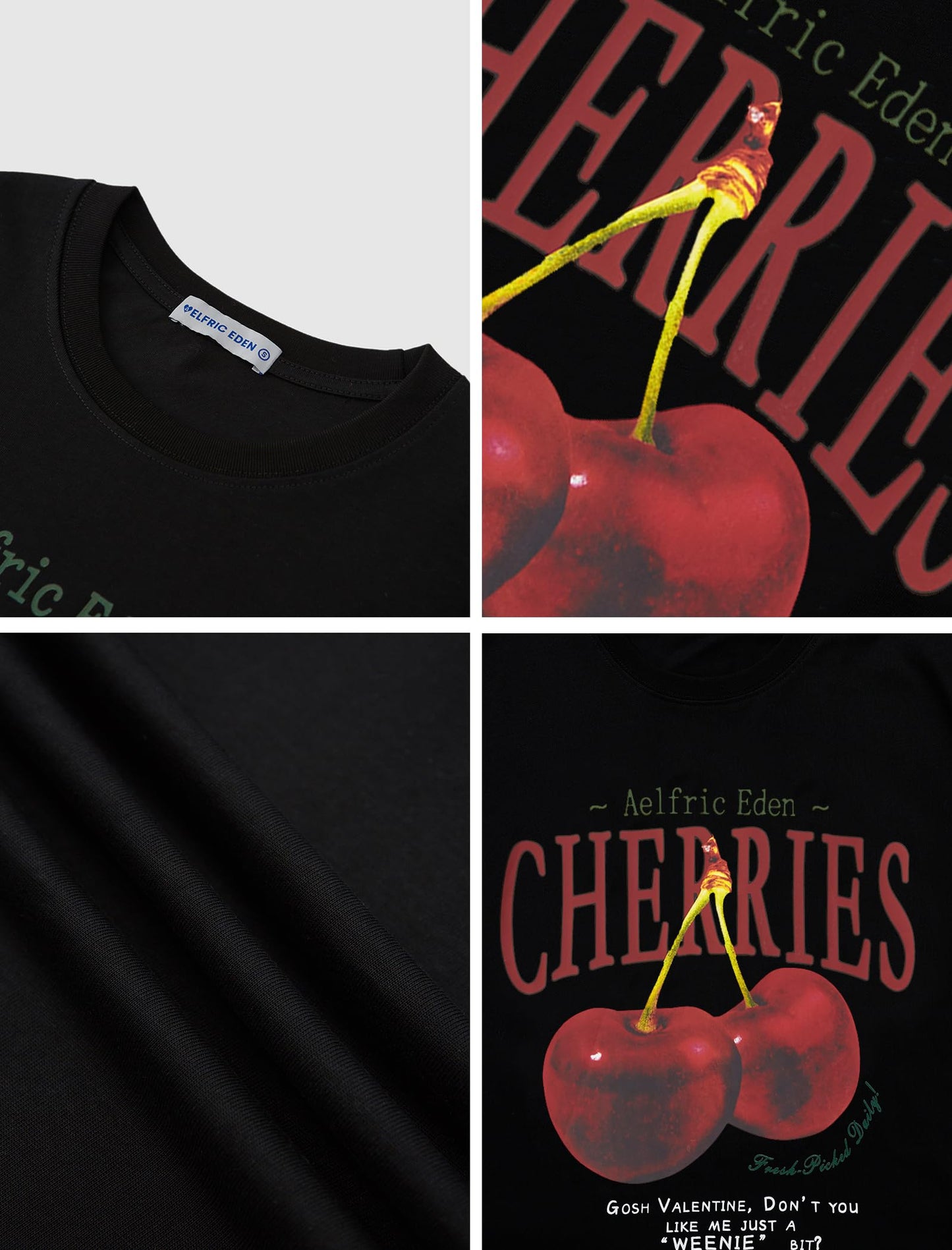 Aelfric Eden Oversized Graphic Tees Unisex Cherries Print T Shirts Casual Summer Short Sleeve Top Cotton Cute Tee Shirt Black