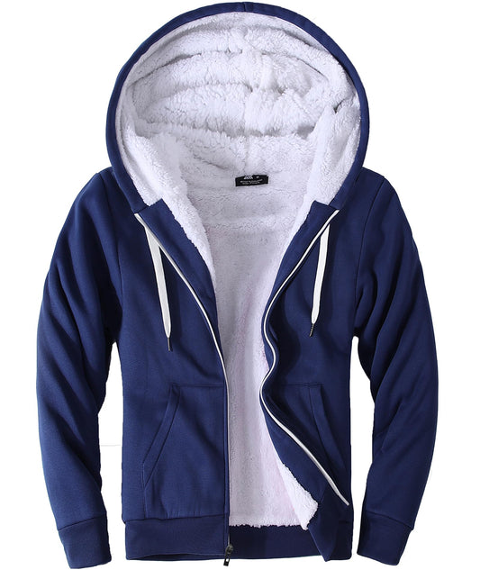 Little Beauty Fleece Hoodies for Men Winter Thick Jackets Sherpa Lined Zip Up Sweatshirt With Kanga Pocket Blue