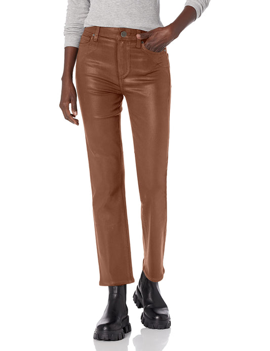 PAIGE Women's Cindy Transcend HIGH Rise Perfectly Straight Jean, Cognac Luxe Coating