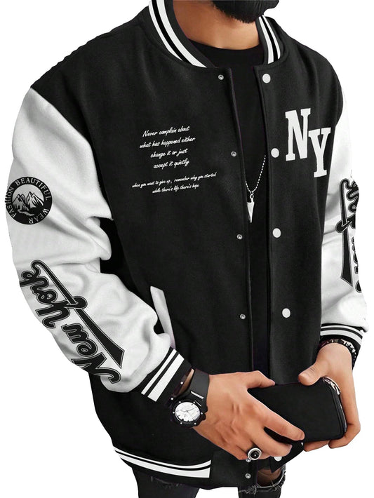 SOLY HUX Men's Varsity Jacket Color Block Letter Graphic Long Sleeve Baseball Jacket Bomber Coat Black Letter S