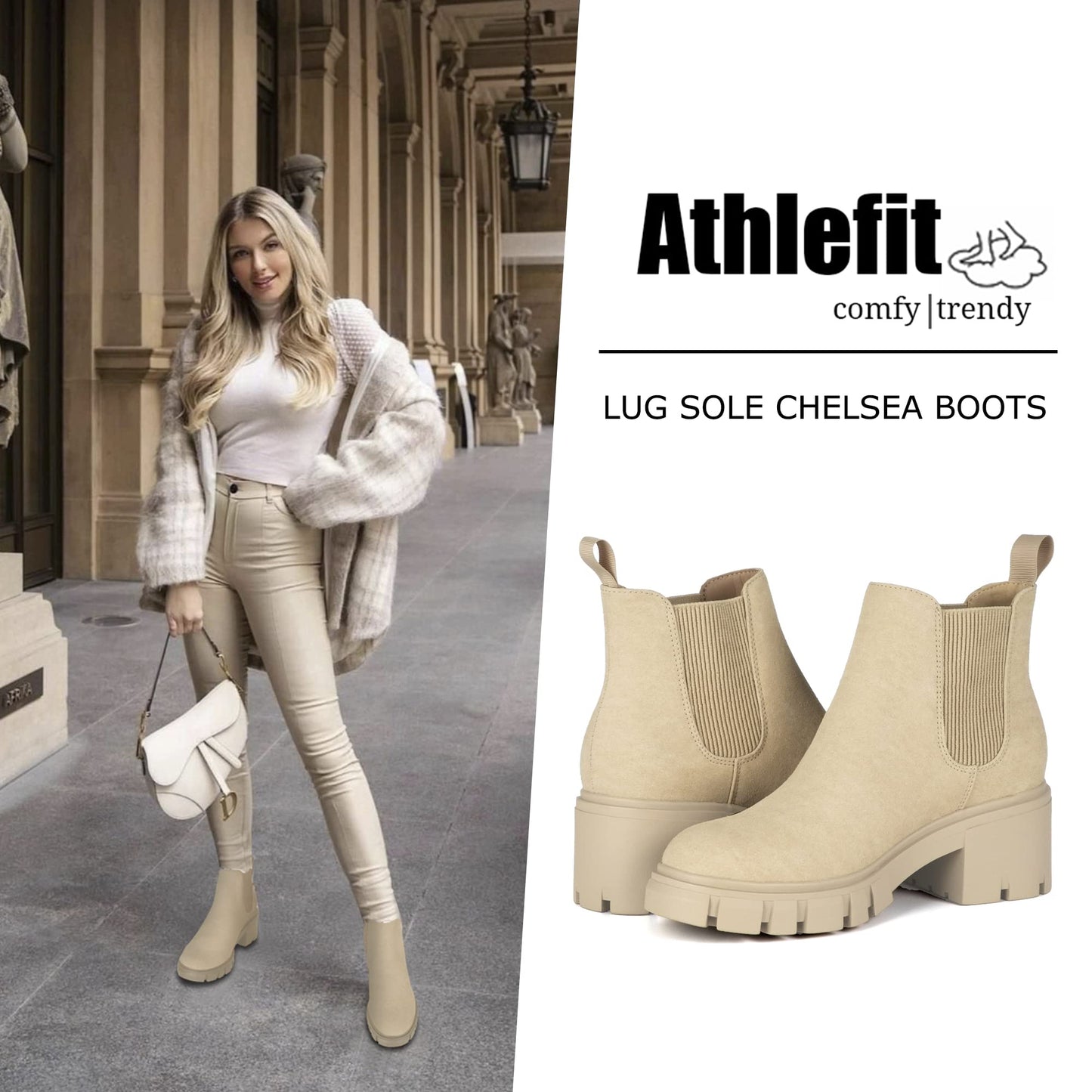 Athlefit Women's Chelsea Boots Fashion Lug Sole Chunky Heel Slip on Elastic Ankle Tan Boots