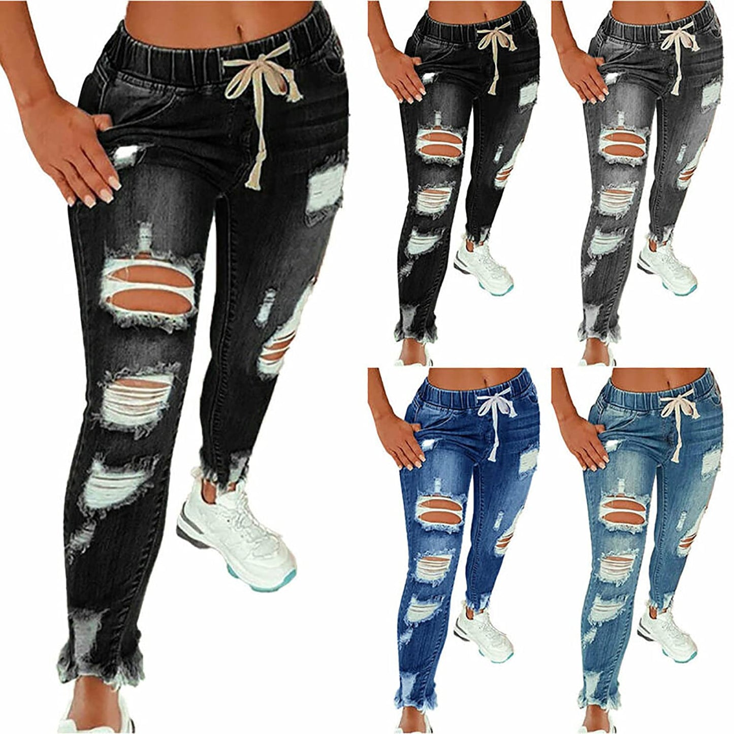 Women High Waist Skinny Stretch Ripped Jeans Destroyed Denim Pants - Black