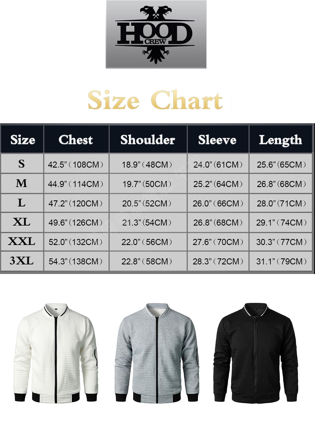 HOOD CREW Men’s Lightweight Casual Jackets Varsity Bomber Jacket Coat with Zipper White