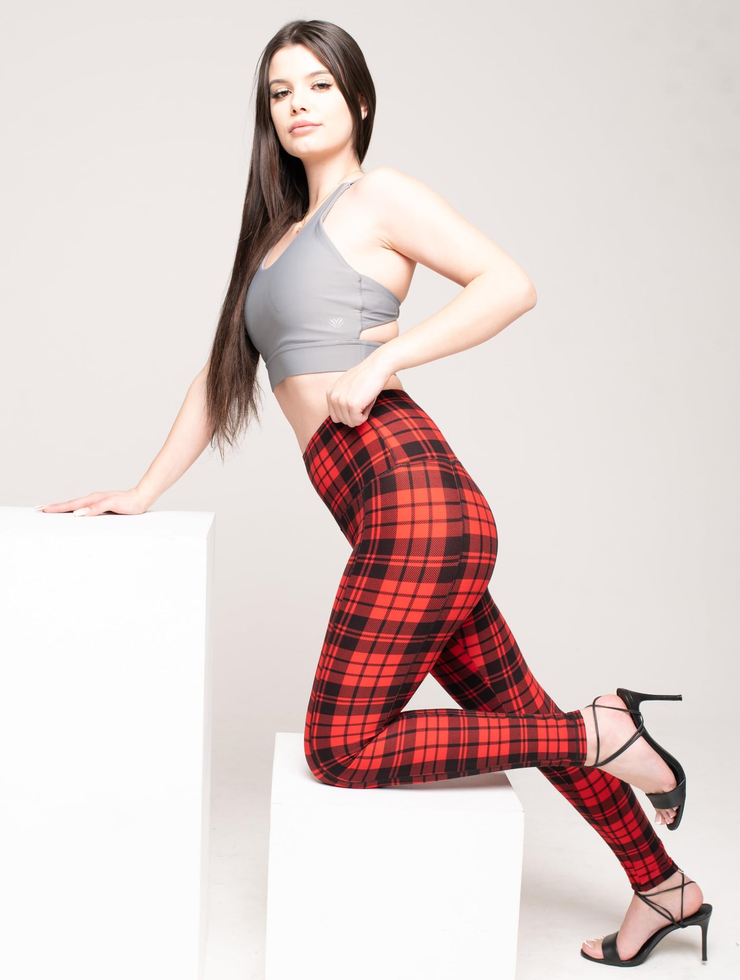 Red Plaid Leggings for Women, Workout Leggings for Women