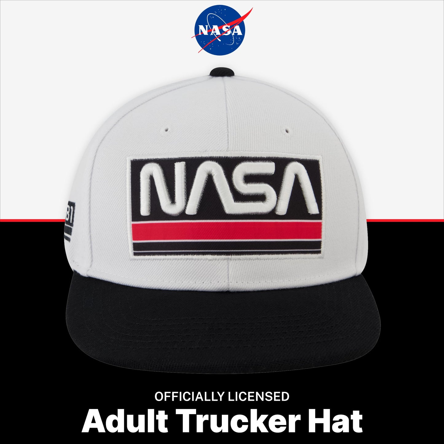 NASA Baseball Cap, Skater Snapback Hat with Embroidered Logo, White/Black, One Size