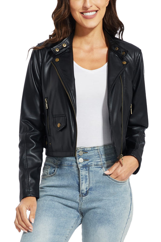 Fahsyee Faux Leather Jacket Women - Black Motorcycle Cropped Short Coat Moto Biker Blazer Slim Size Casual Soft Jackets Fashion