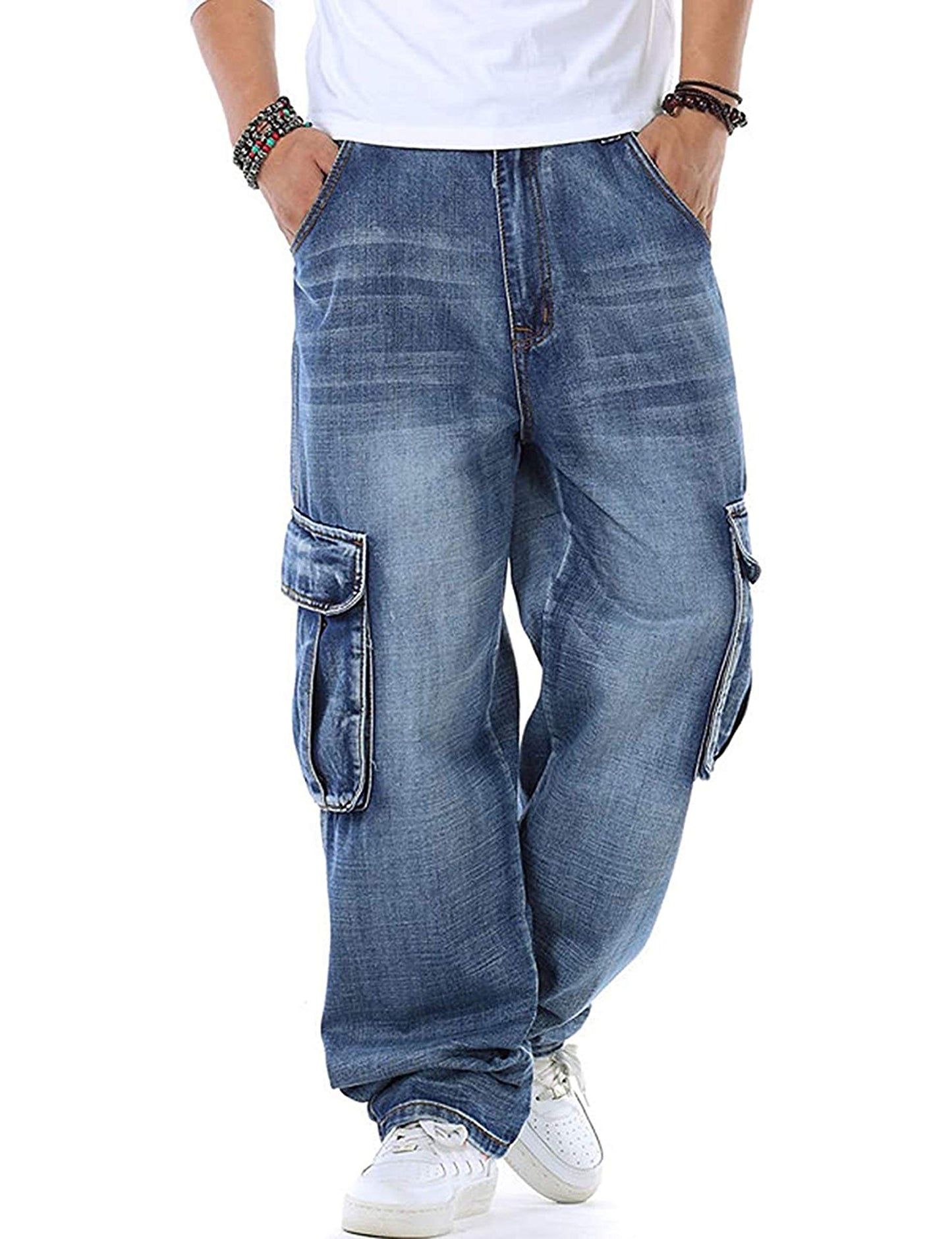 Men's Casual Loose Denim Jeans with Cargo Pockets