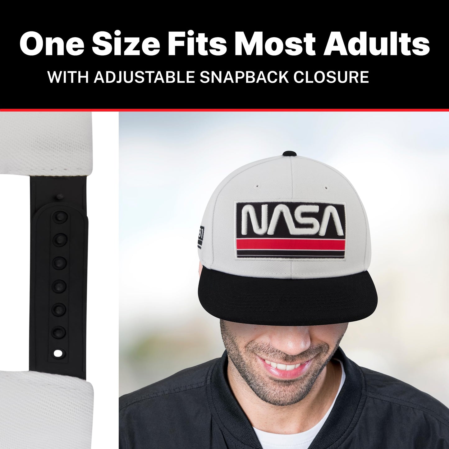 NASA Baseball Cap, Skater Snapback Hat with Embroidered Logo, White/Black, One Size