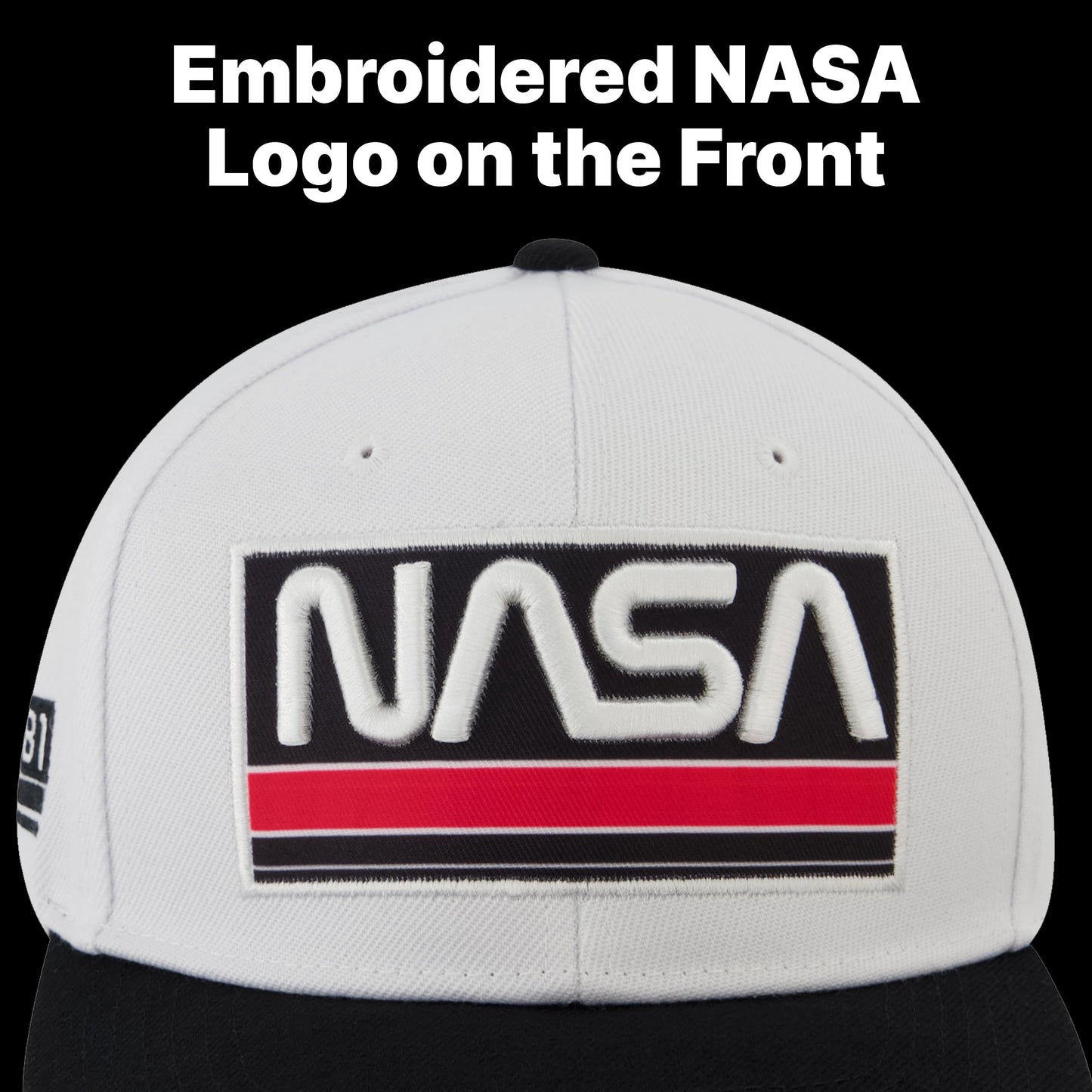 NASA Baseball Cap, Skater Snapback Hat with Embroidered Logo, White/Black, One Size