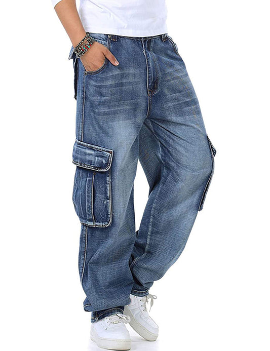 Men's Casual Loose Denim Jeans with Cargo Pockets