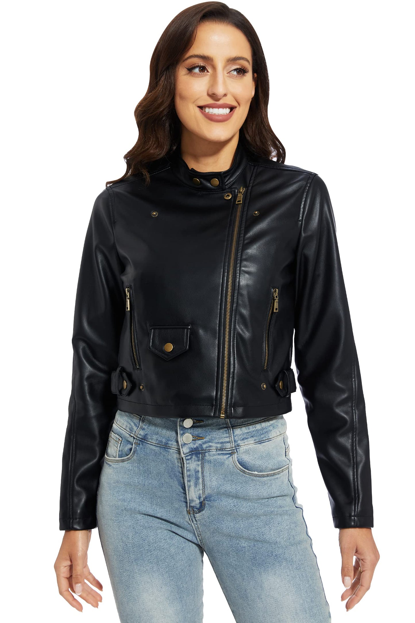 Fahsyee Faux Leather Jacket Women - Black Motorcycle Cropped Short Coat Moto Biker Blazer Slim Size Casual Soft Jackets Fashion