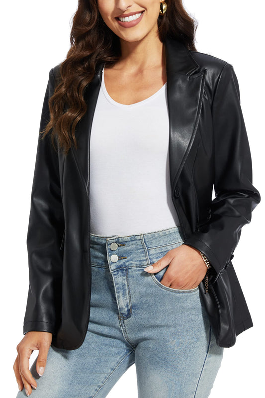 Fahsyee Women's Faux Leather Blazer Jackets Women, Black Motorcycle Vintage Moto Biker Coat Vegan Pleather Fashion