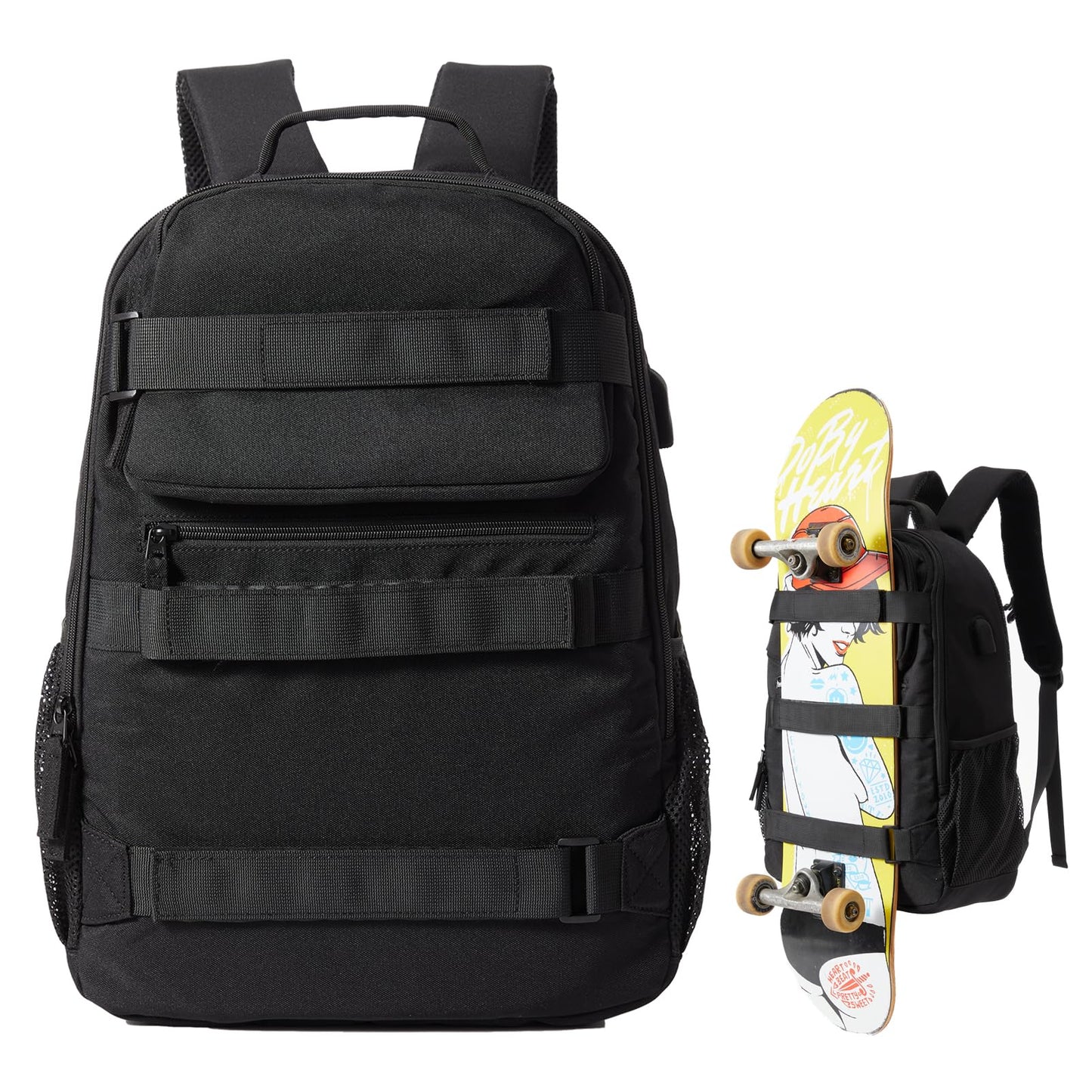 Skateboard Backpack, Large Skateboard Bag for Men and Women Laptop Bag with USB Port, for Skateboarding, College, Travel (Black)