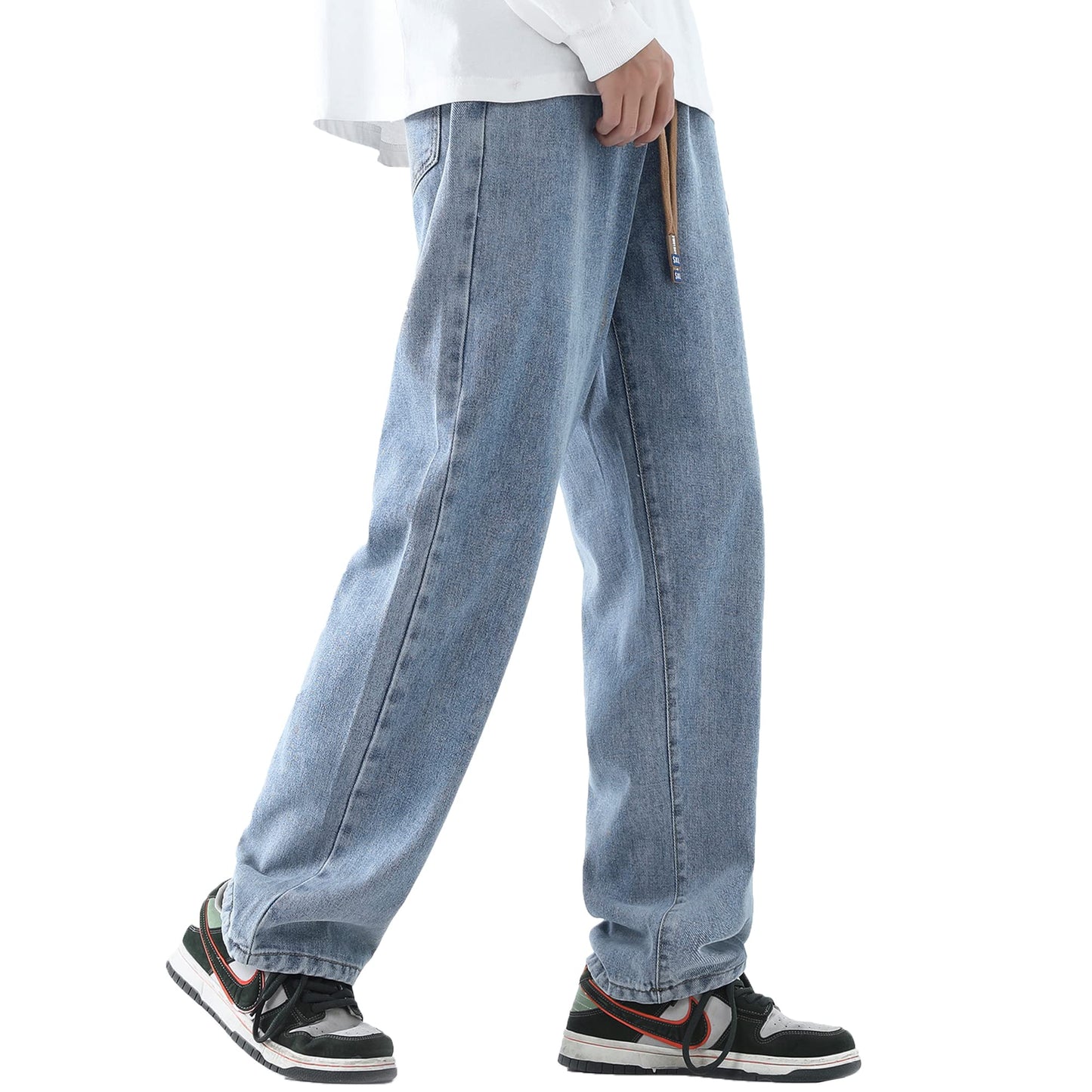 Men's Regular Fit Straight Leg Jeans Casual Drawstring Elastic Waist Denim Pants