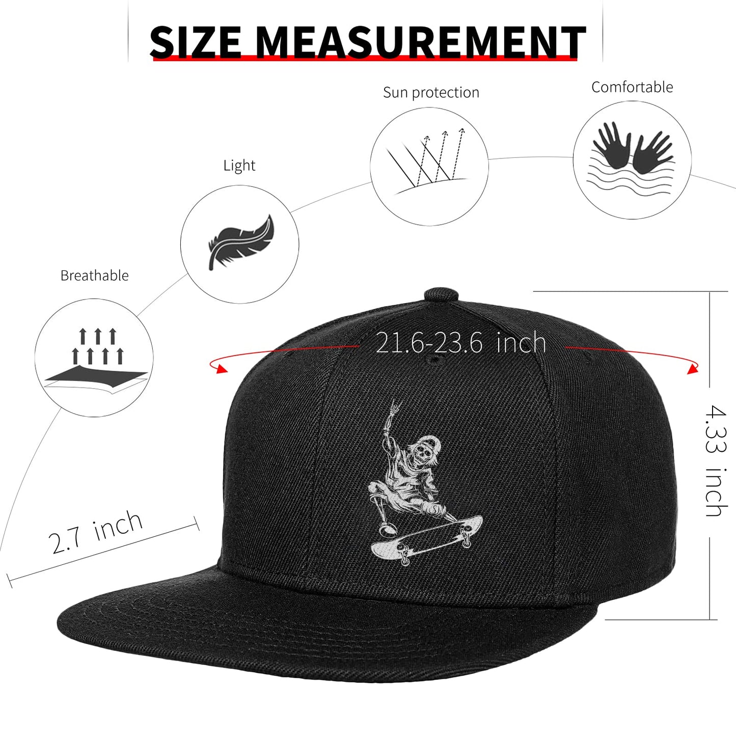 Negi Skeleton Skating Theme Black Snapback Hats for Men, Classic Skate Skateboarder Gift for Skaters, Adjustable Mens Hats Snapback Trucker Hats for Women