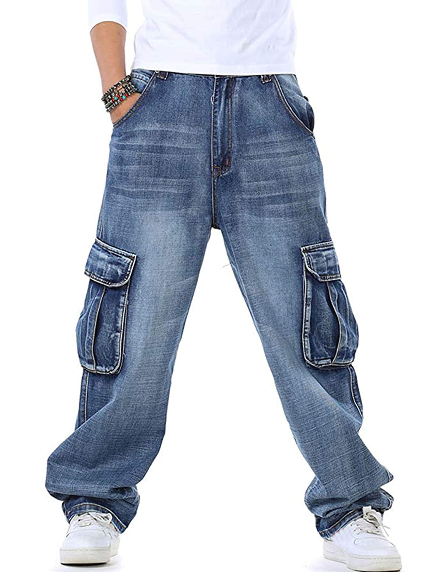 Men's Casual Loose Denim Jeans with Cargo Pockets