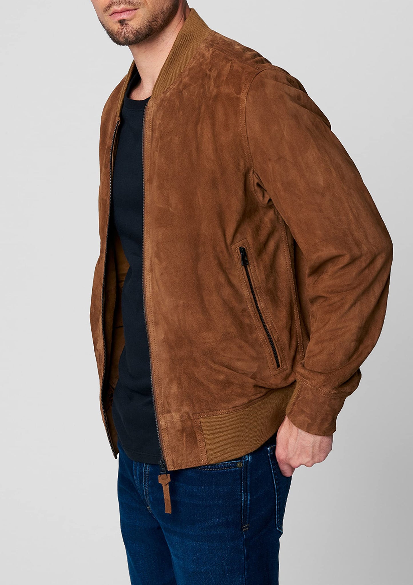 Mens Quick Action Suede Bomber Leather Jacket, Camel