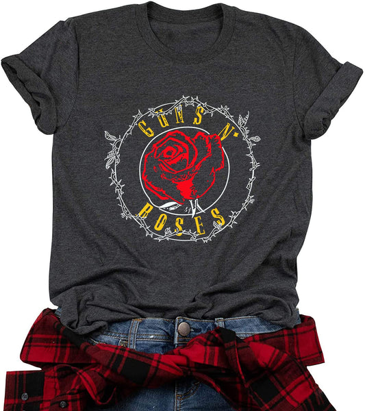 Women Roses Graphic Print Shirt Top Vintage Rock Music Tee Shirt Funny Letter Print Short Sleeve Band Shirt