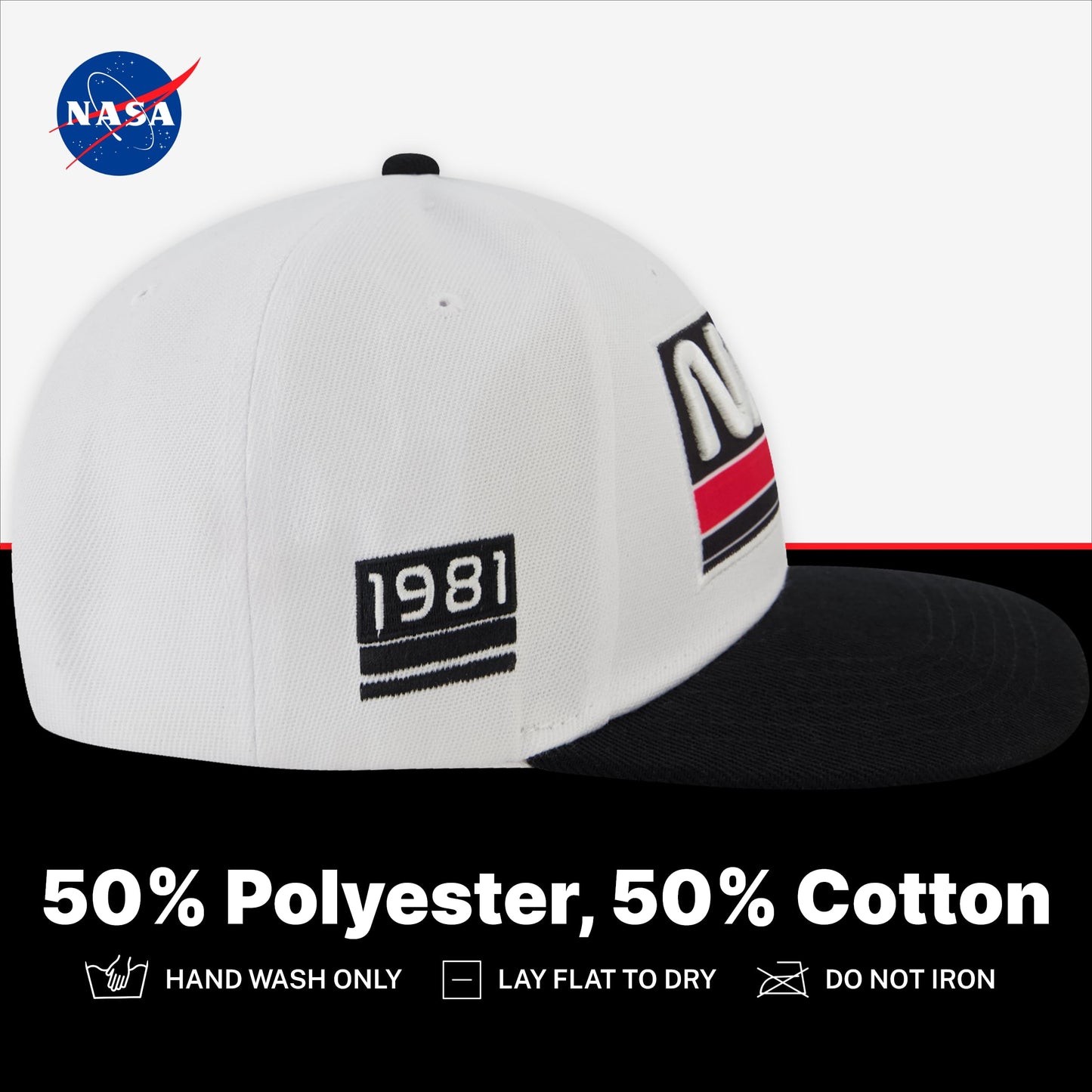 NASA Baseball Cap, Skater Snapback Hat with Embroidered Logo, White/Black, One Size