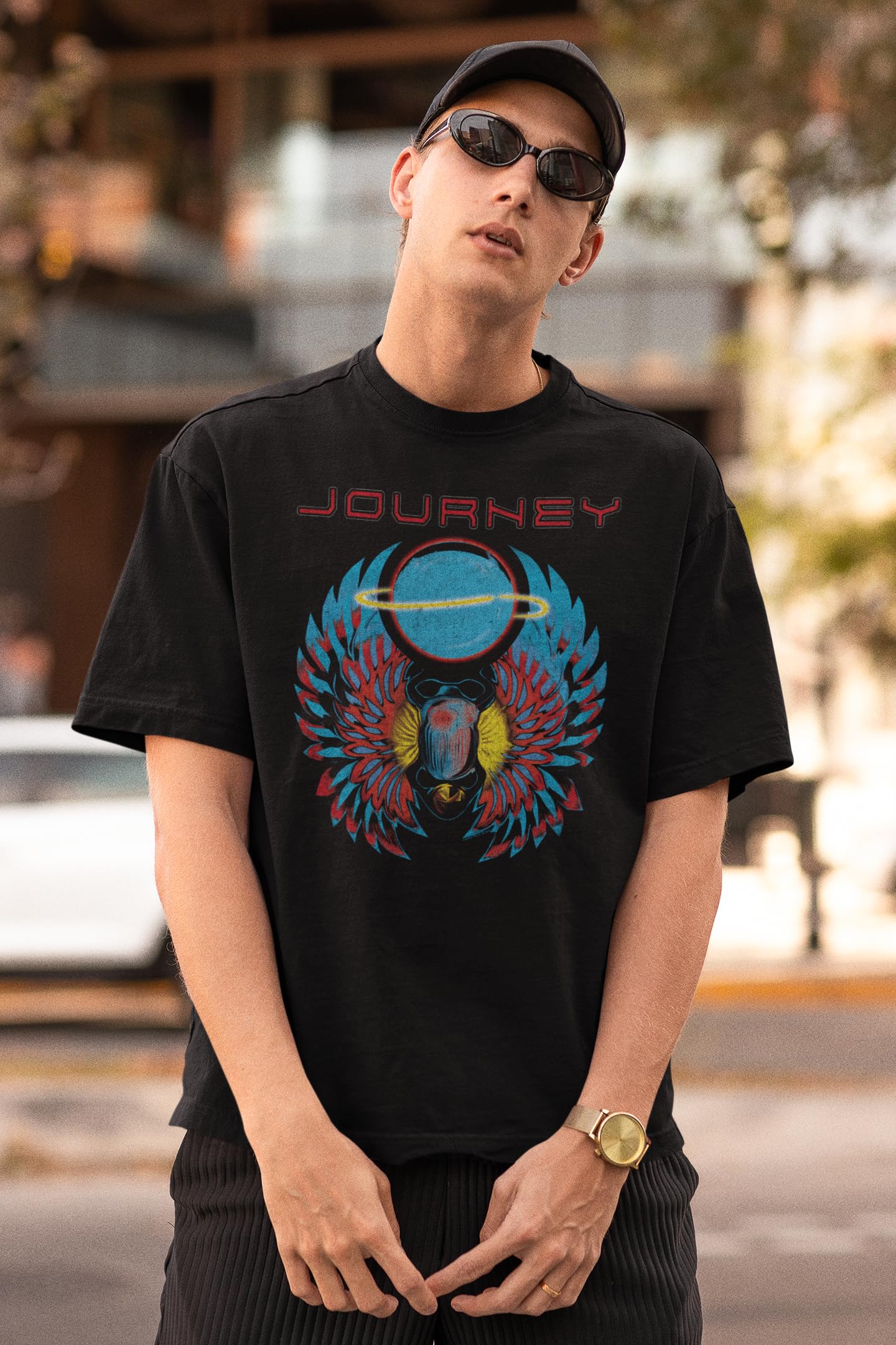 Journey Logo Scarab & Orb Adult Short Sleeve T Shirt Vintage Style 80s Music Graphic Tees Black