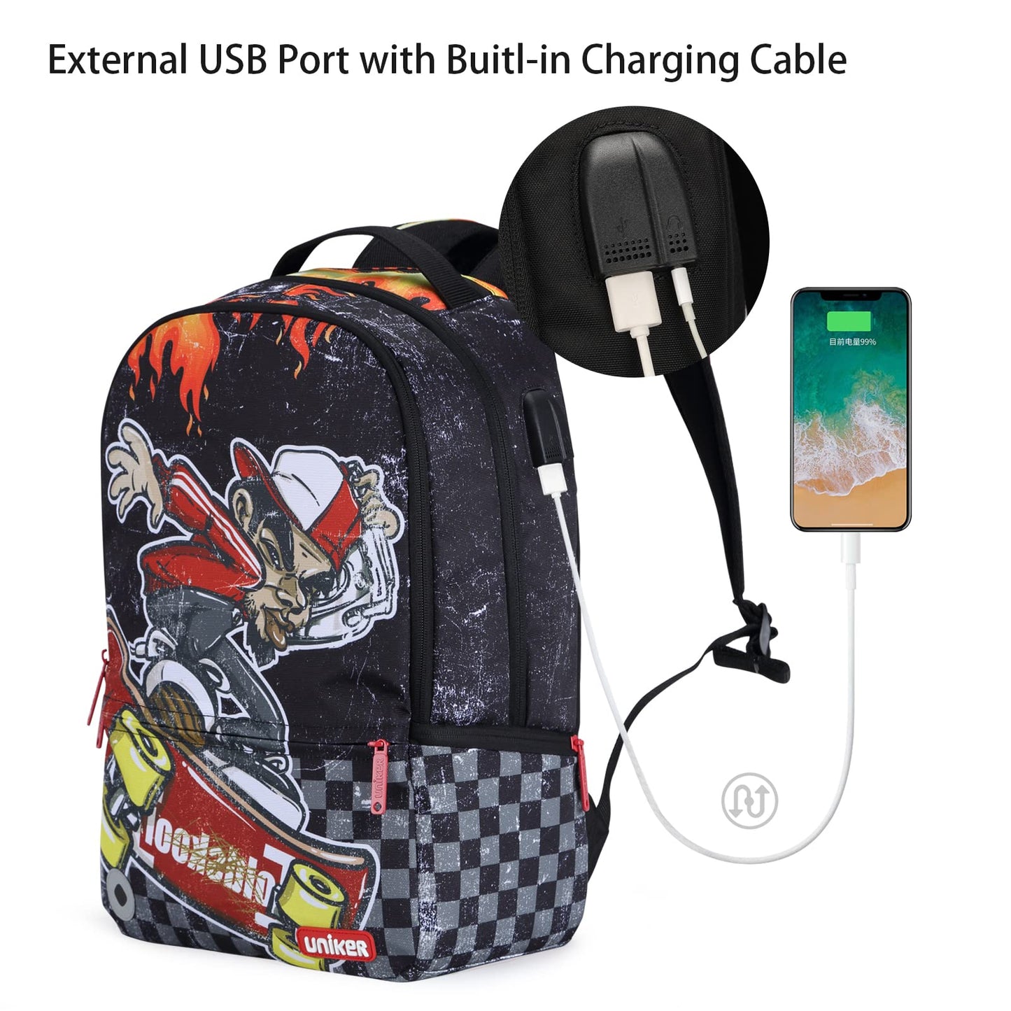 UNIKER School Backpack for Teen Boys, Laptop Backpack with USB Charging Port for 15.6 Inch Laptop,Designer Backpack for High School, Skateboard Boy