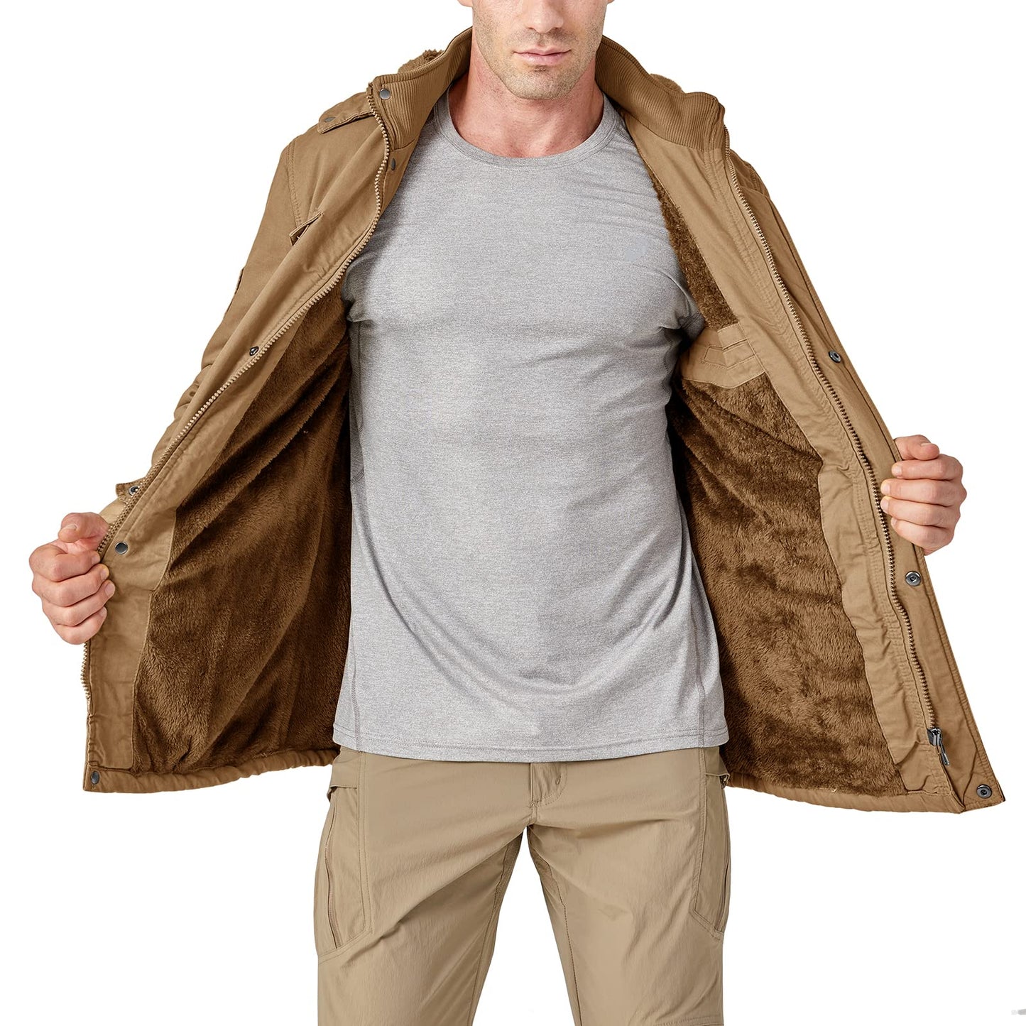 CRYSULLY Men's Fall Fashion Long Sleeve Lightweight Cargo Jacket Military Front Zip Coat Jacket Khaki