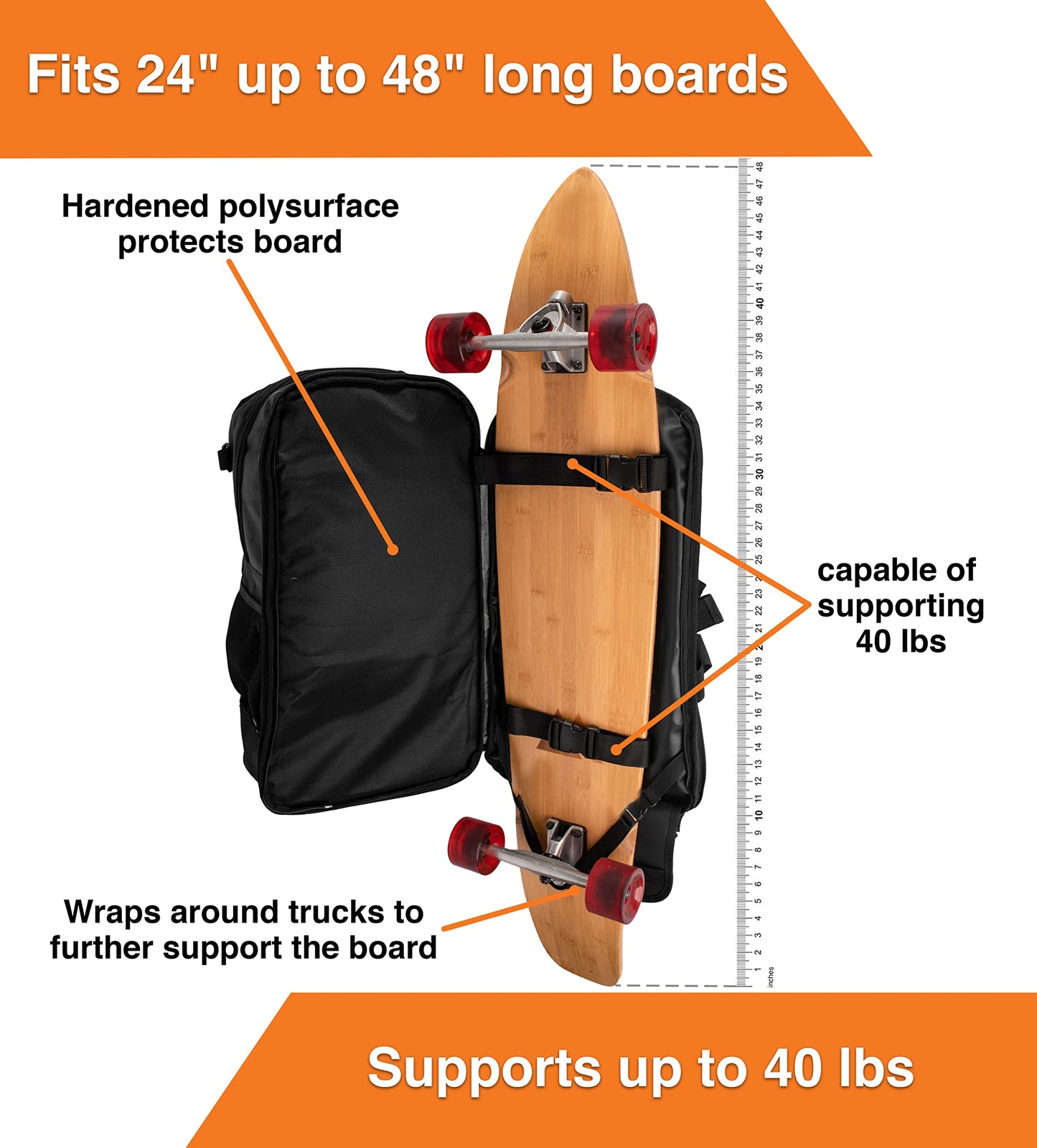 Skateboard Backpack for Any Size Longboard or Skate Board – Large Waterproof Travel Electric Skateboard Backpack With Compartments for a Laptop, Helmet, Phone, Water Bottle & Loads More