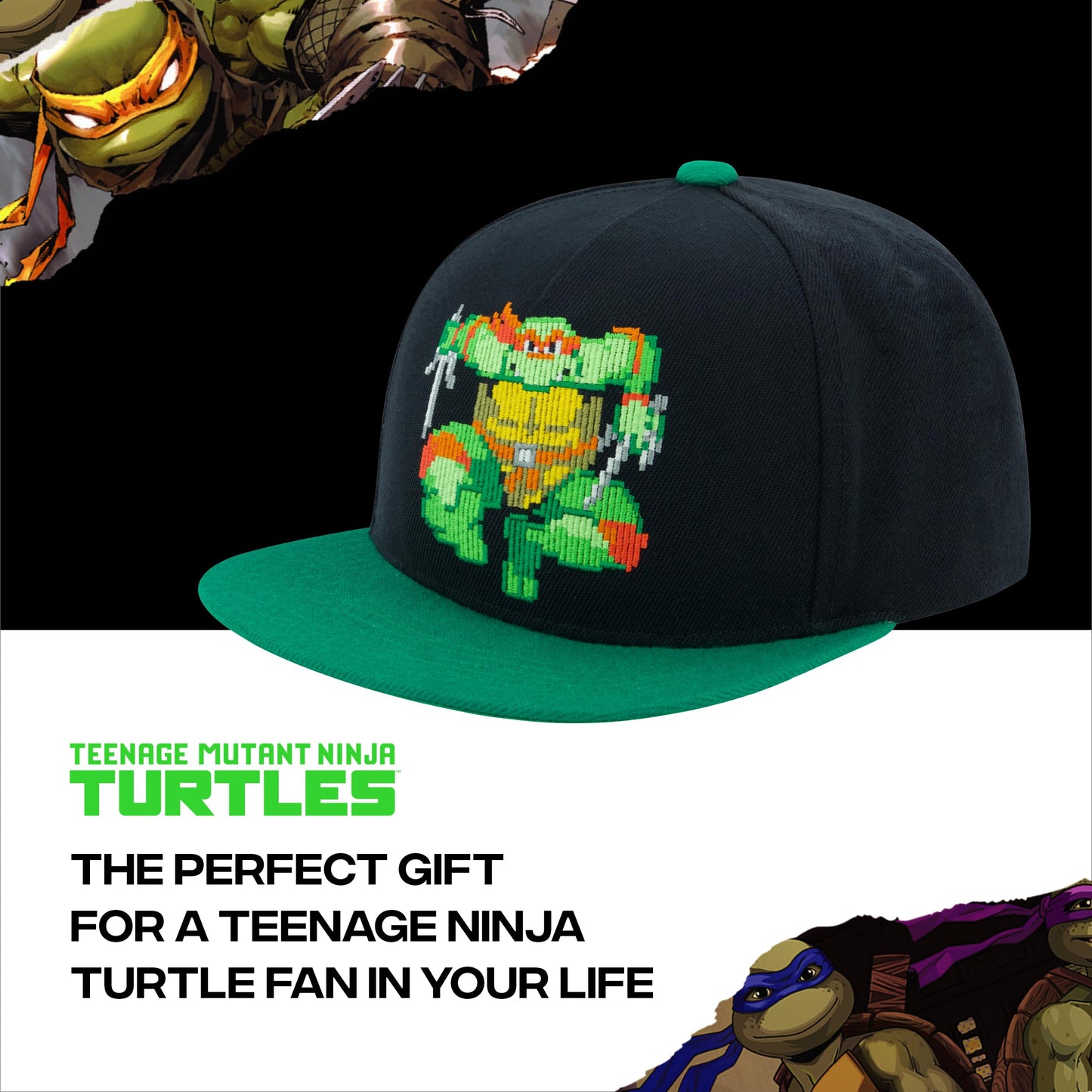 Teenage Mutant Ninja Turtles Baseball Cap, TMNT Adult Skater Snapback Baseball Hat with Flat Brim, Black, One Size