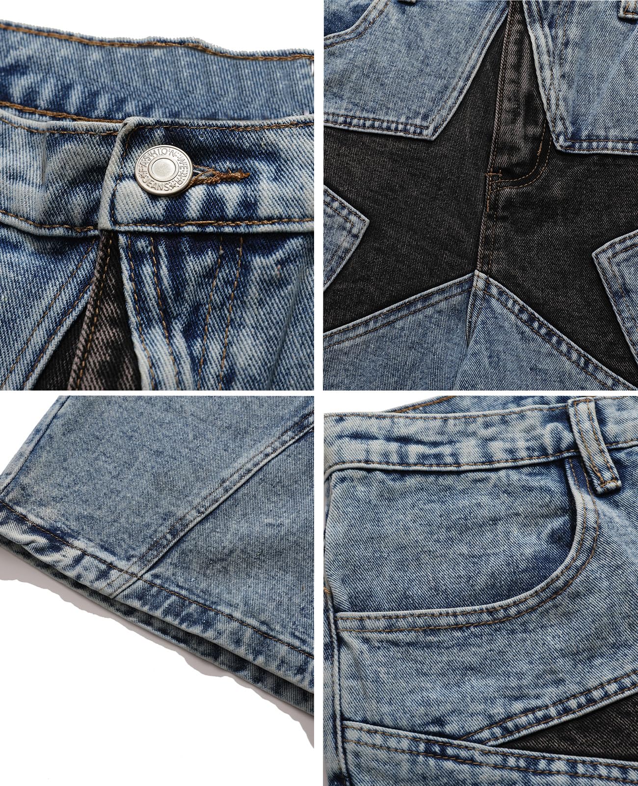 Aelfric Eden Mens Star Patchwork Casual Denim Shorts Mid Jean Shorts Unisex Hipster Streetwear Casual Short Jeans