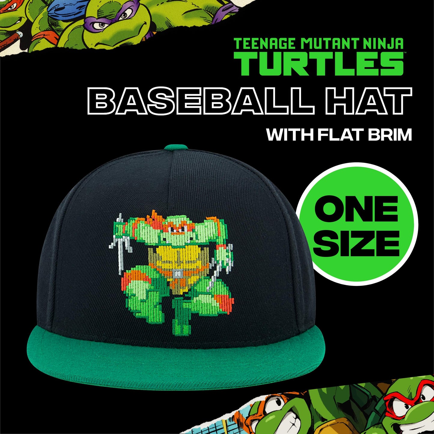 Teenage Mutant Ninja Turtles Baseball Cap, TMNT Adult Skater Snapback Baseball Hat with Flat Brim, Black, One Size